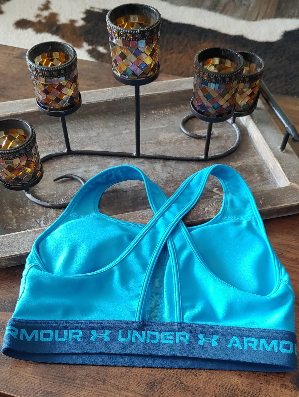 NWOT Under Armour medium Blue Cross Strap Back Padded Sports Bra